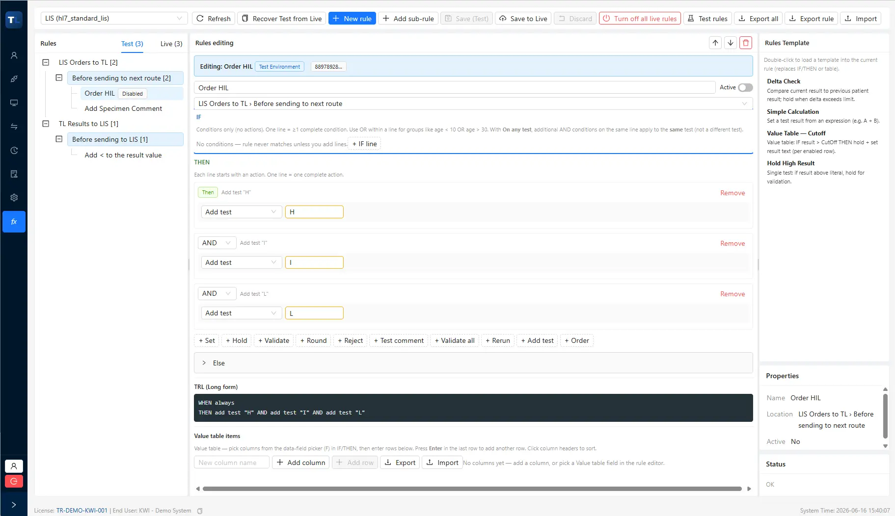 Visual rules node distribution panel