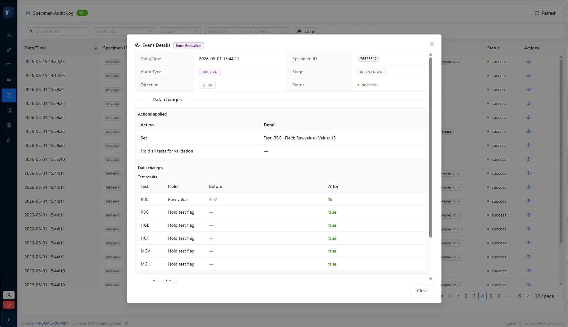 Deep dive audit view showing payload attributes and state diff parameters