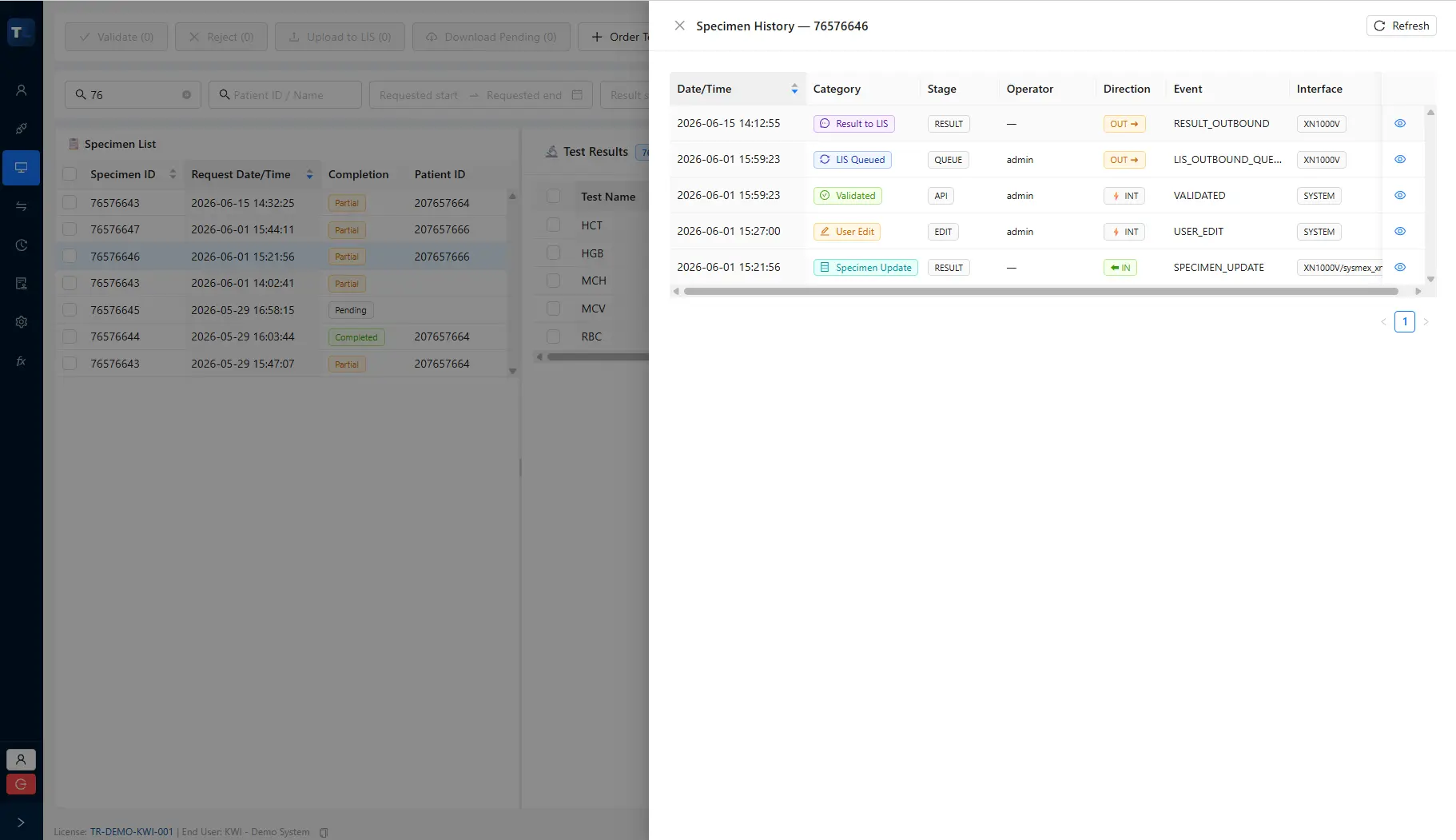 Specimen history step-by-step lifecycle tracker